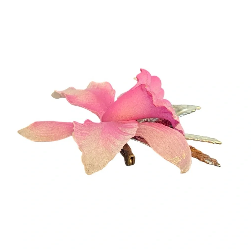 Vintage Pink Orchid Brooch Pin Gold Tone Floral Statement Botanical